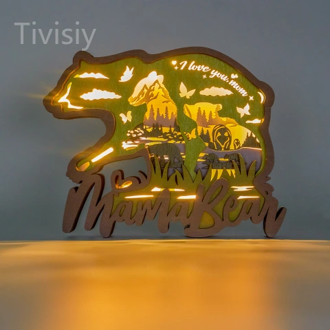 Mama Bear Wooden Night Light Gift for Home Desktop Decor